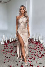 Elegant Satin Dress with Shoulder Slit in Black and White - @BlackWhite