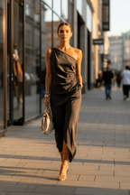 Long black satin off-shoulder dress, minimalist slim-fit style for evening events