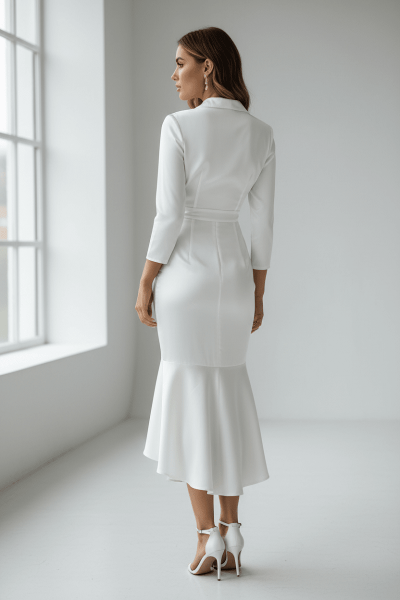 Back view of a long white satin dress with long sleeves and a flared hem, showcasing elegant minimalist style