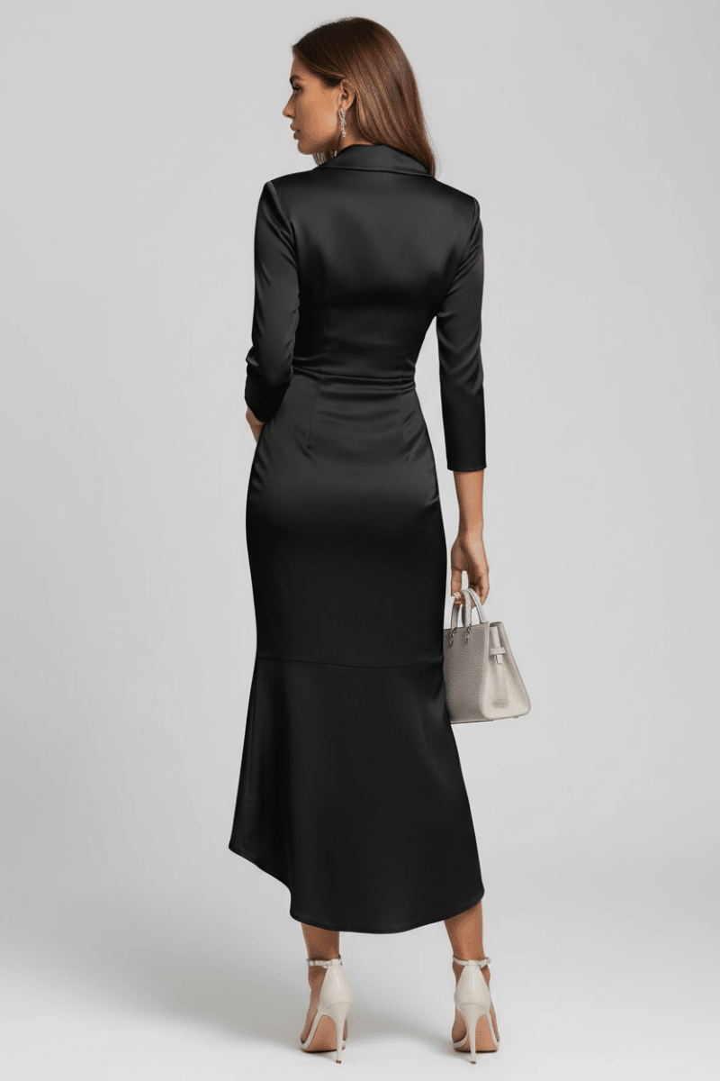 Back view of a long black satin dress with long sleeves and a V-neck, highlighting elegant design in studio