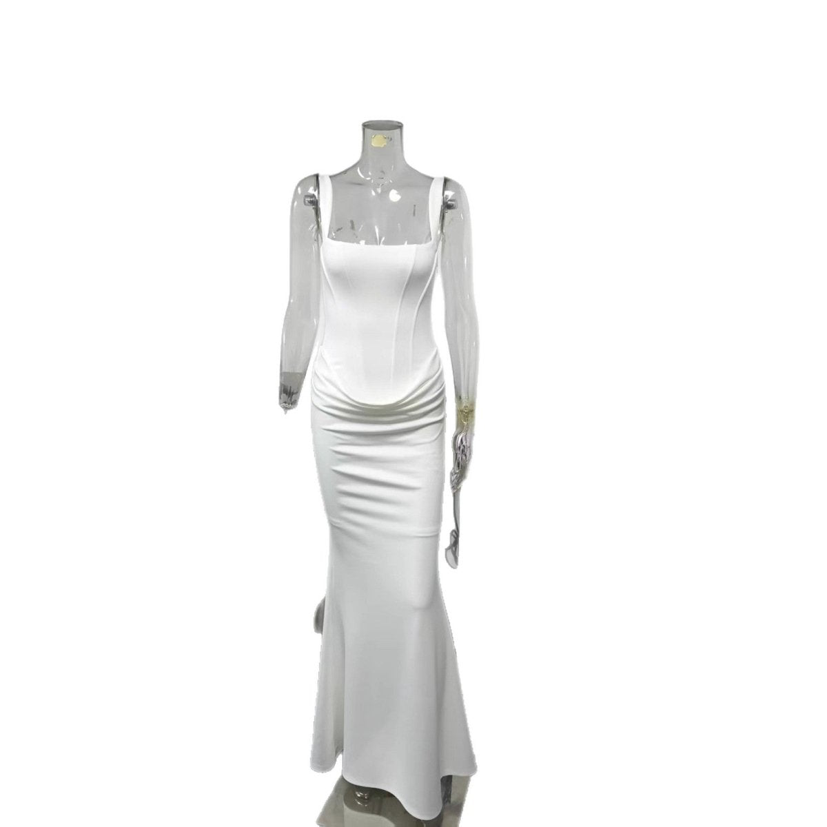 Elegant long white strapless slip dress, minimalist style showcased in lifestyle setting