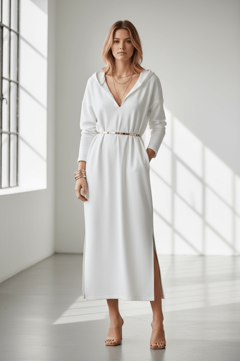 Elegant White Long Sleeve Dress – Minimalist Chic Style - @BlackWhite