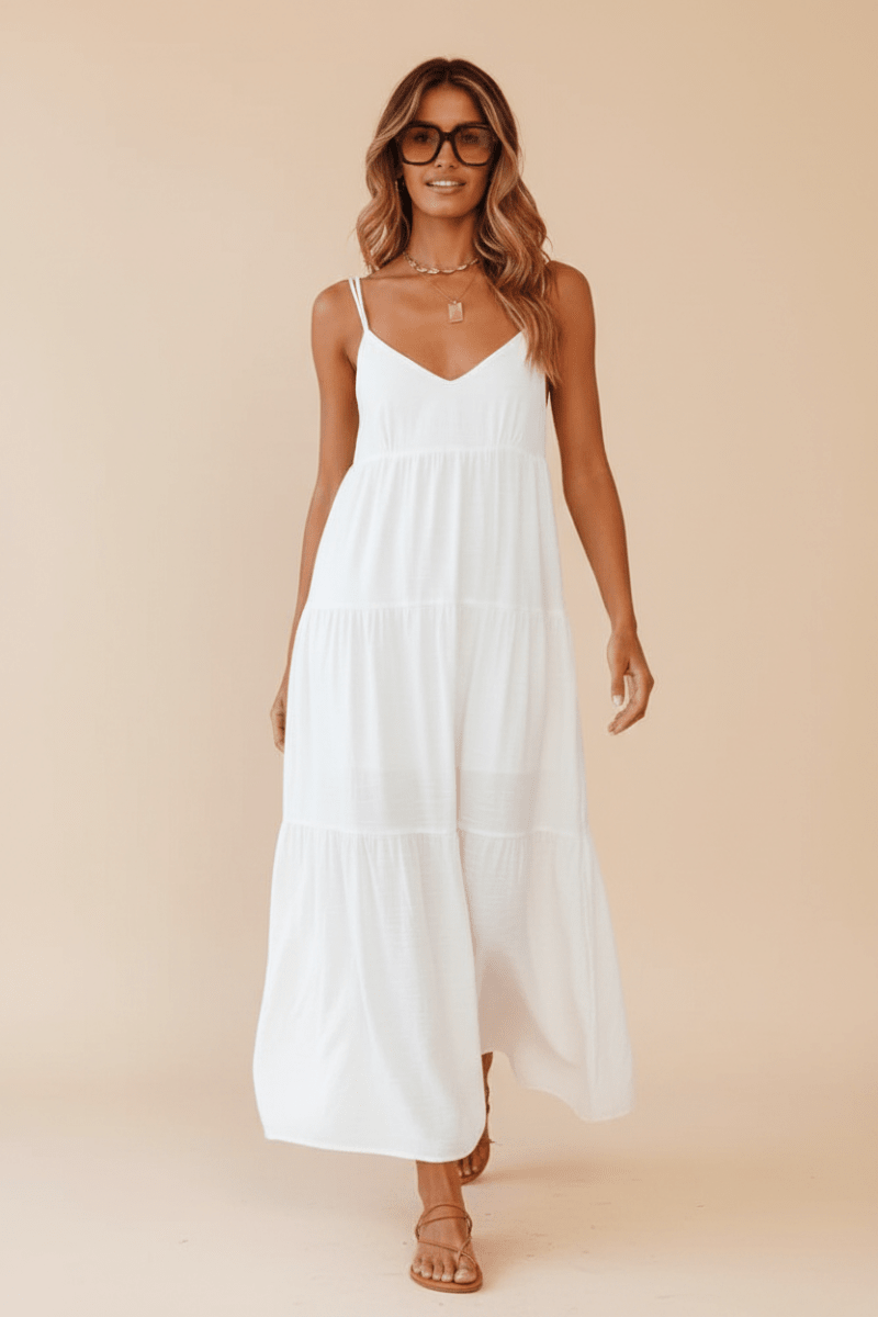 Elegant White Maxi Dress with Flowing Silhouette – Chic Style - @BlackWhite