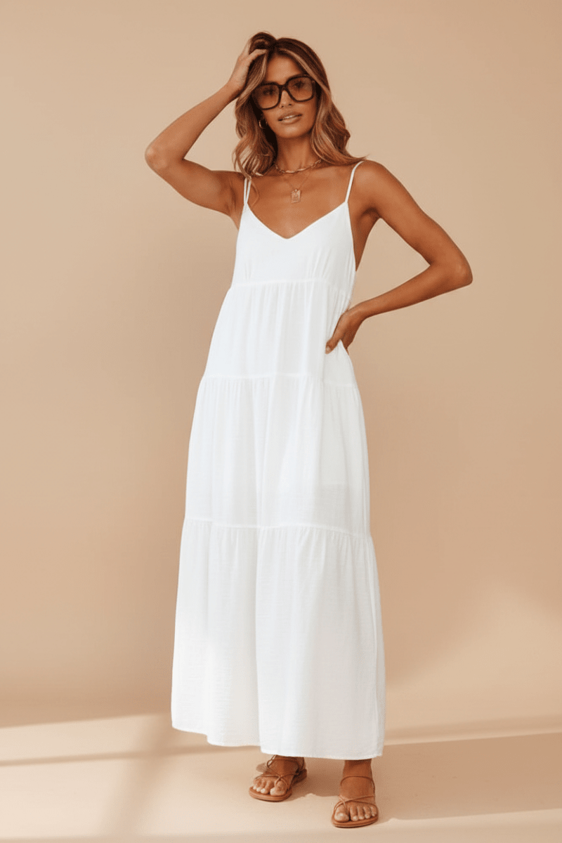 Elegant White Maxi Dress with Flowing Silhouette – Chic Style - @BlackWhite