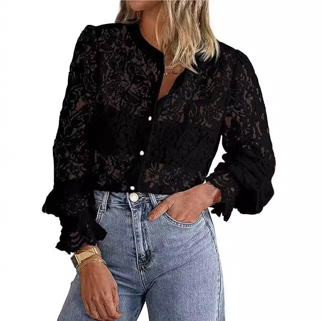 Lifestyle shot of a black lace button shirt featuring long sleeves and button closure, chic minimalist style.