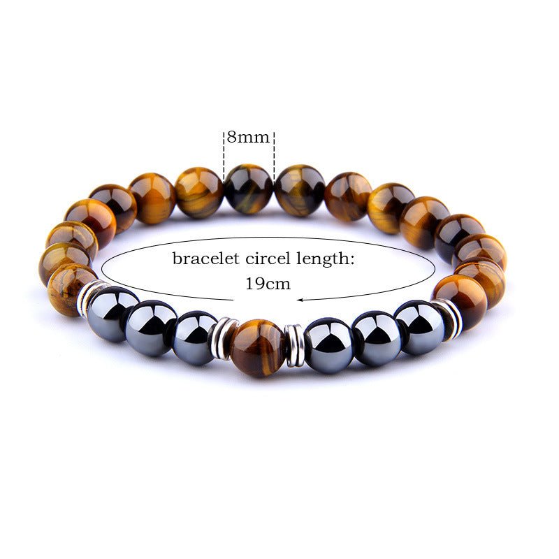 Detail close-up highlighting the yellow tiger eye bracelet's beaded design and elastic band.