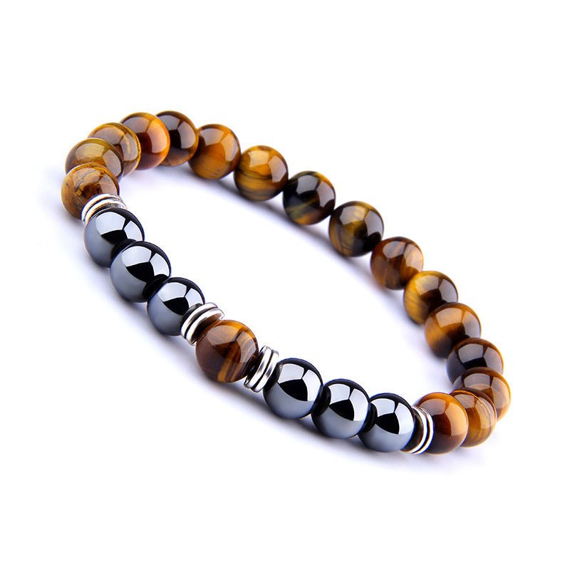 Close-up view of the yellow tiger eye bracelet featuring a stretch band and beaded design.