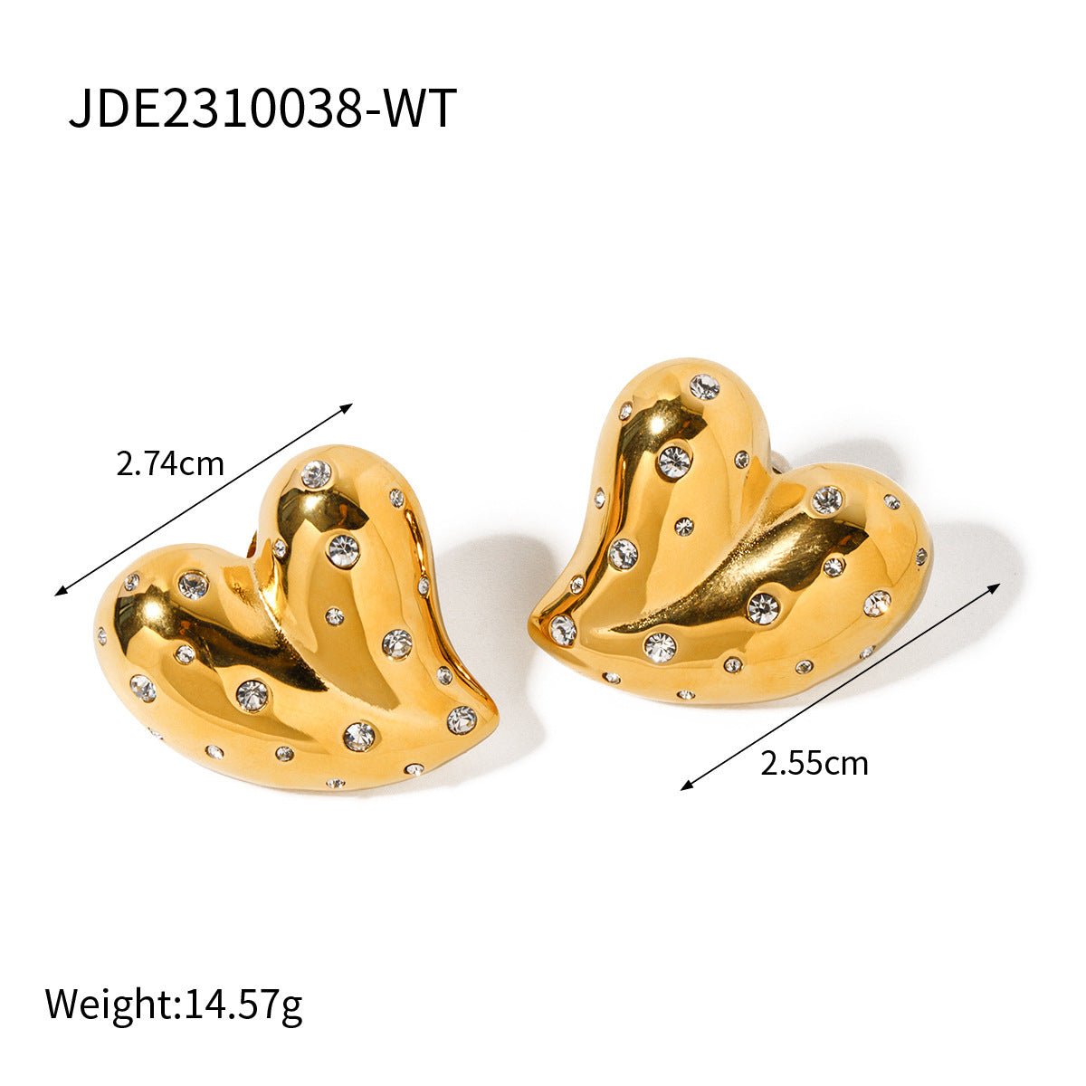 Stylish gold heart earrings with smooth surface, detail shot emphasizing geometric shape.