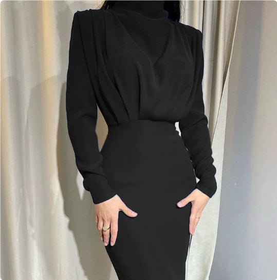 Long black fitted dress with high neckline and long sleeves, elegant minimalist style for autumn