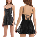 Back view of the black shiny sequins mini dress featuring a lace-up back, perfect for a chic evening look.