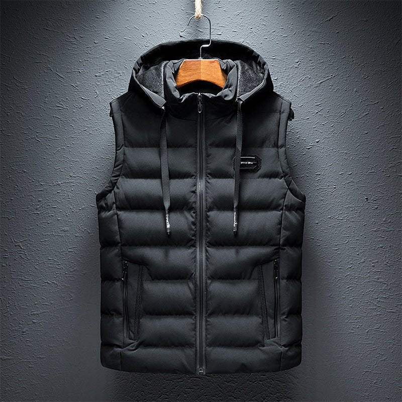 Front view of the black fleece vest featuring a zipper closure, chic minimalist design for casual wear.