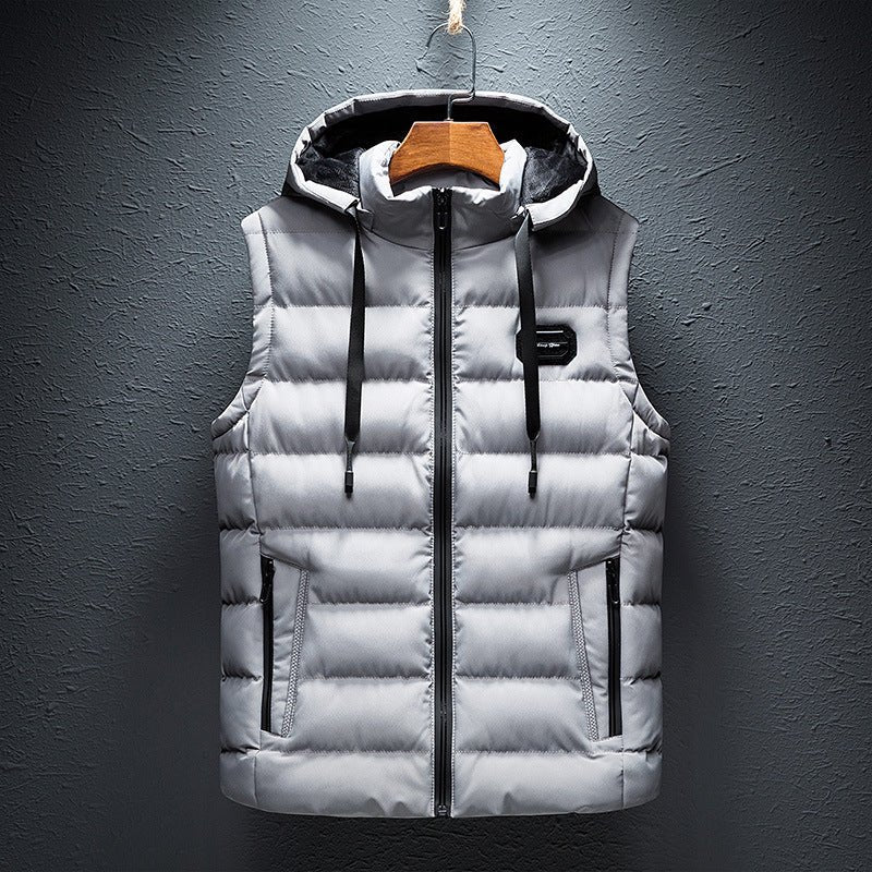 Front view of the gray fleece vest with zipper closure, stylish and versatile for a minimalist outfit.