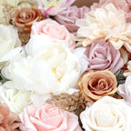 Close-up detail of the silk flowers in the Lotus Pink Champagne Rose Box, showcasing intricate design.