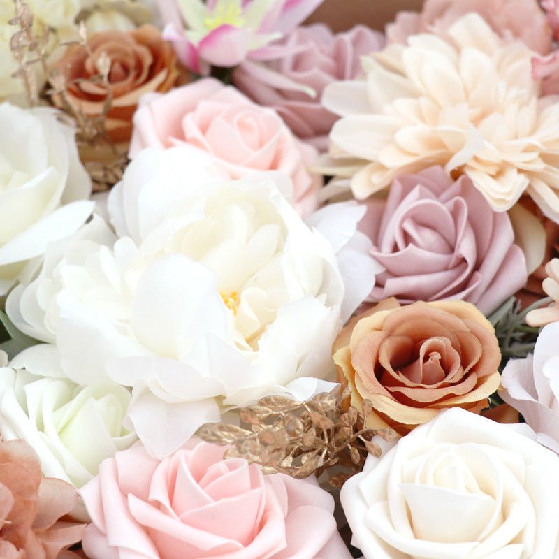 Close-up detail of the silk flowers in the Lotus Pink Champagne Rose Box, showcasing intricate design.