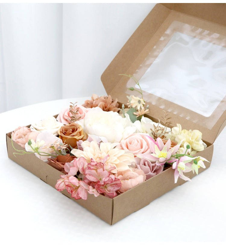 Decorative Lotus Pink Champagne Silk Flower Box with assorted silk flowers, elegantly presented.