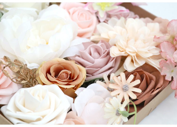 Open view of the Lotus Pink Champagne Silk Flower Box showcasing the silk flowers displayed inside.