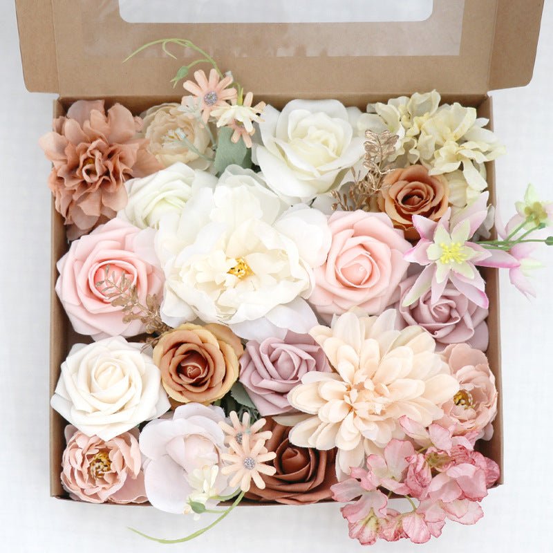 Top view of the Lotus Pink Champagne Silk Flower Box featuring assorted silk flowers in elegant arrangement.