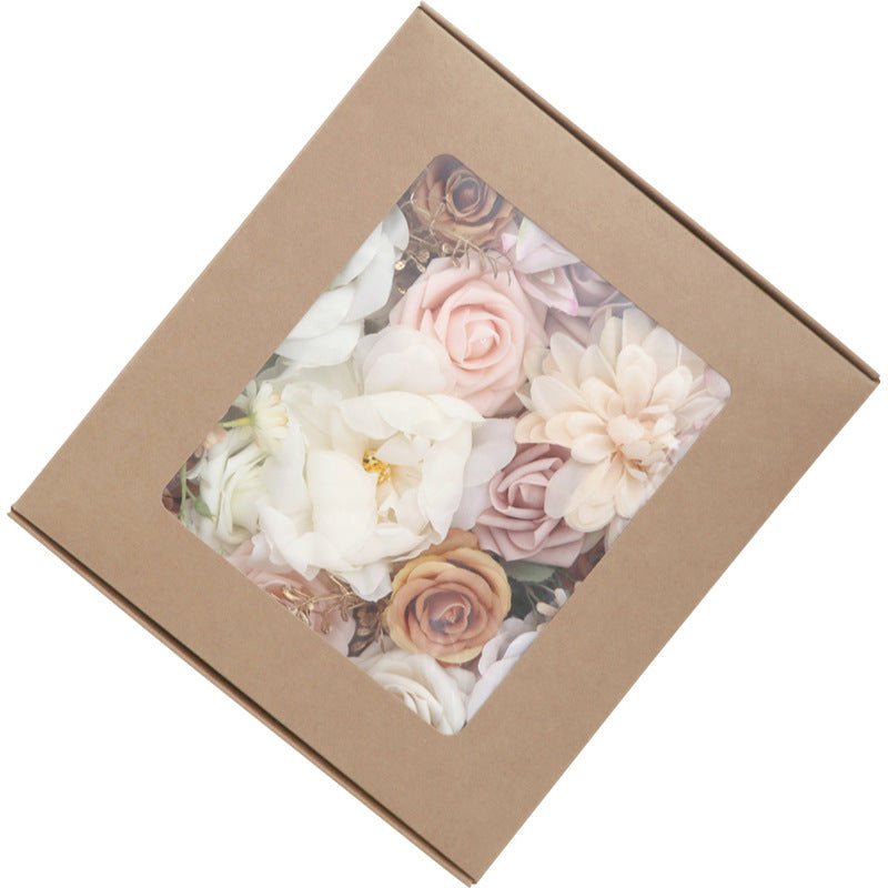 Top view of the Lotus Pink Champagne Rose Silk Flower Box with a variety of flowers elegantly arranged.