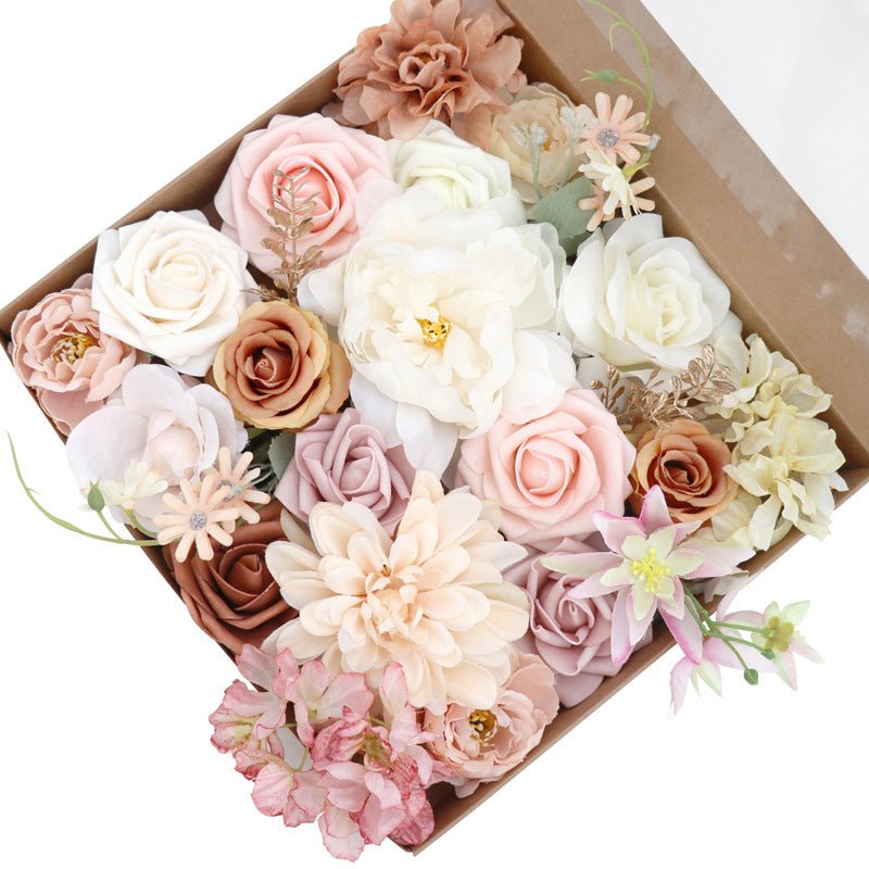 Top view of the Lotus Pink Champagne Rose Silk Flower Box displaying various silk flowers in chic arrangement.