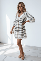 Geometric Print V-Neck Dress with Lace Cuffs | Loose Fit - @BlackWhite