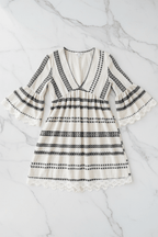 Geometric Print V-Neck Dress with Lace Cuffs | Loose Fit - @BlackWhite