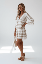 Geometric Print V-Neck Dress with Lace Cuffs | Loose Fit - @BlackWhite
