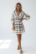 Geometric Print V-Neck Dress with Lace Cuffs | Loose Fit - @BlackWhite