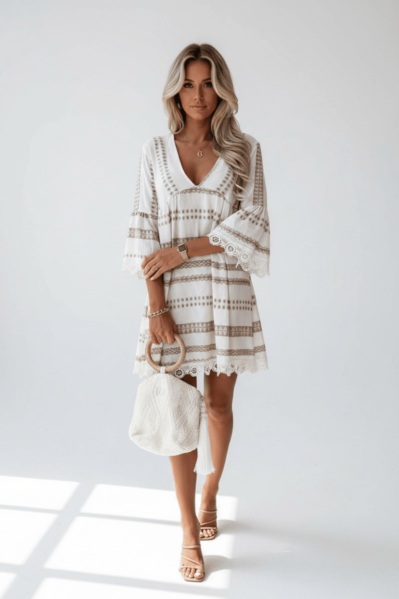 Geometric Print V-Neck Dress with Lace Cuffs | Loose Fit - @BlackWhite