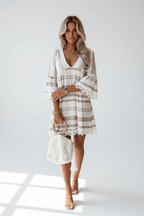 Geometric Print V-Neck Dress with Lace Cuffs | Loose Fit - @BlackWhite