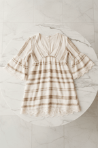 Geometric Print V-Neck Dress with Lace Cuffs | Loose Fit - @BlackWhite