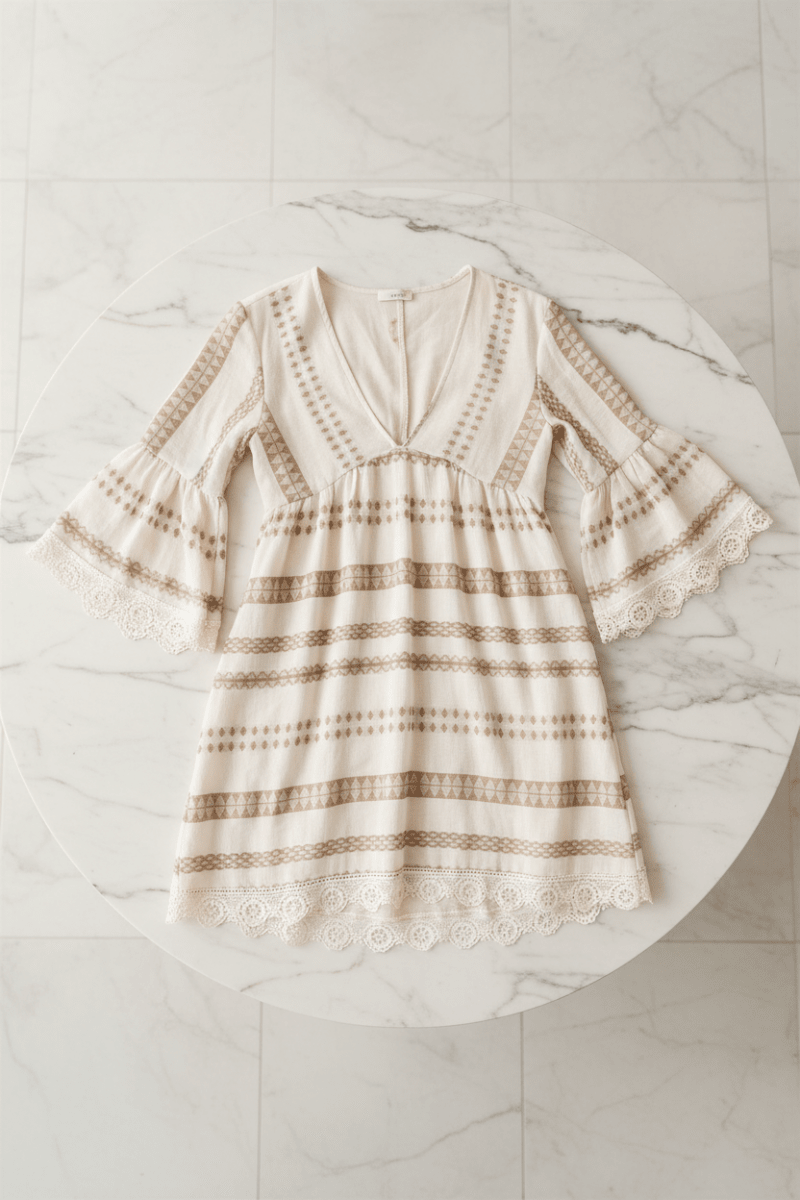 Geometric Print V-Neck Dress with Lace Cuffs | Loose Fit - @BlackWhite