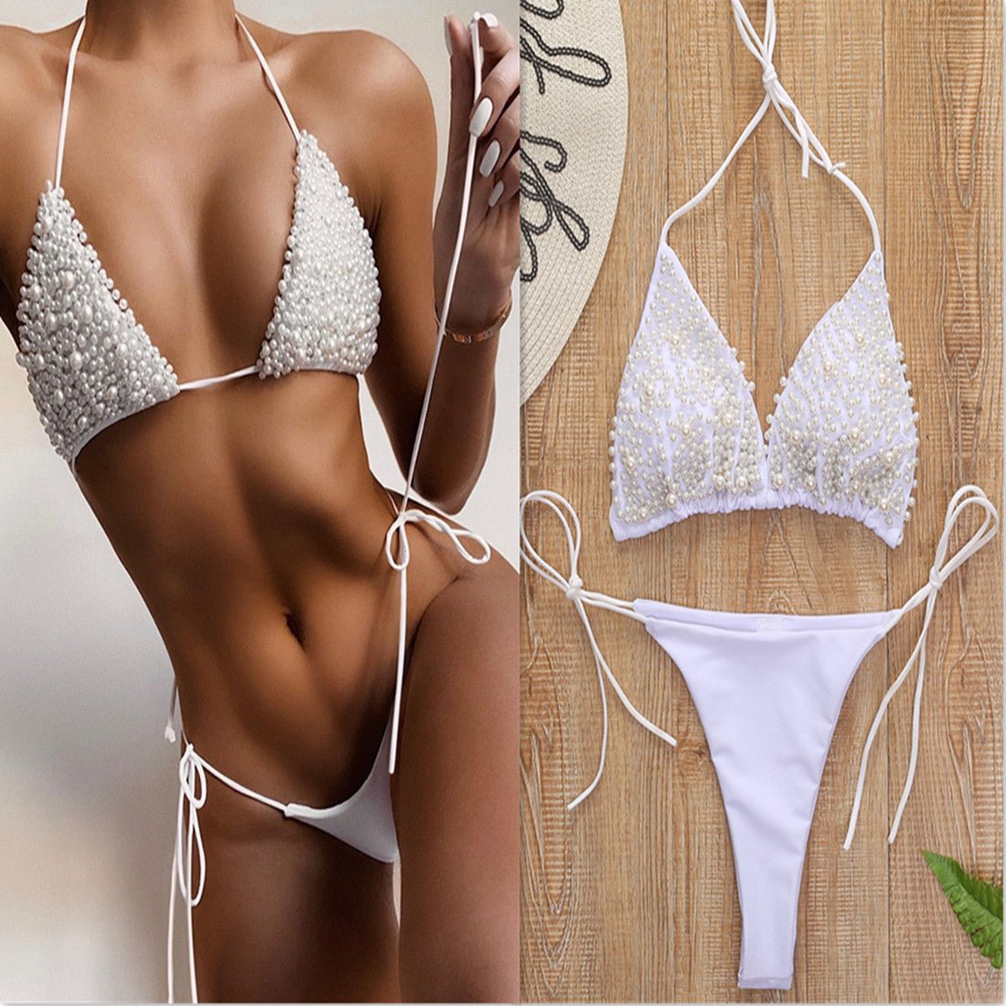 Detail view of the white halter mini bikini swimsuit with triangle cups, chic minimalist style.