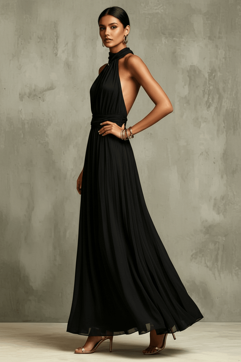 Halter Neck Pleated Maxi Dress – High Waist Chiffon - @BlackWhite