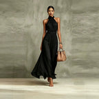 Halter Neck Pleated Maxi Dress – High Waist Chiffon - @BlackWhite