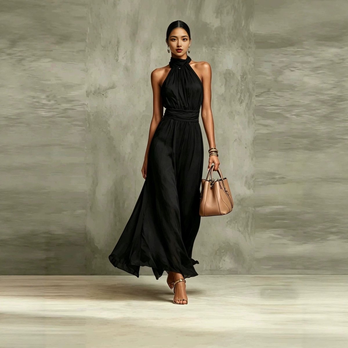 Halter Neck Pleated Maxi Dress – High Waist Chiffon - @BlackWhite