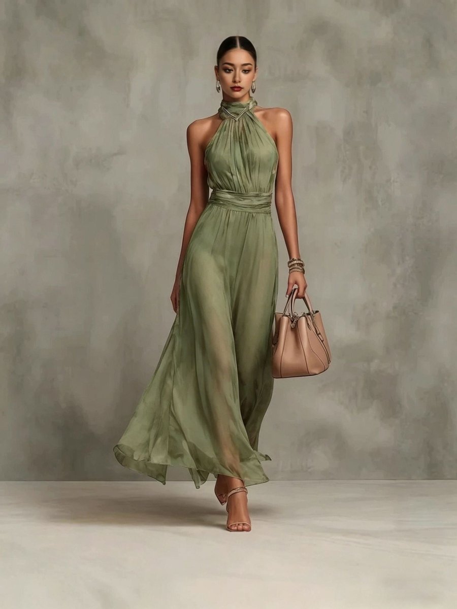 Halter Neck Pleated Maxi Dress – High Waist Chiffon - @BlackWhite