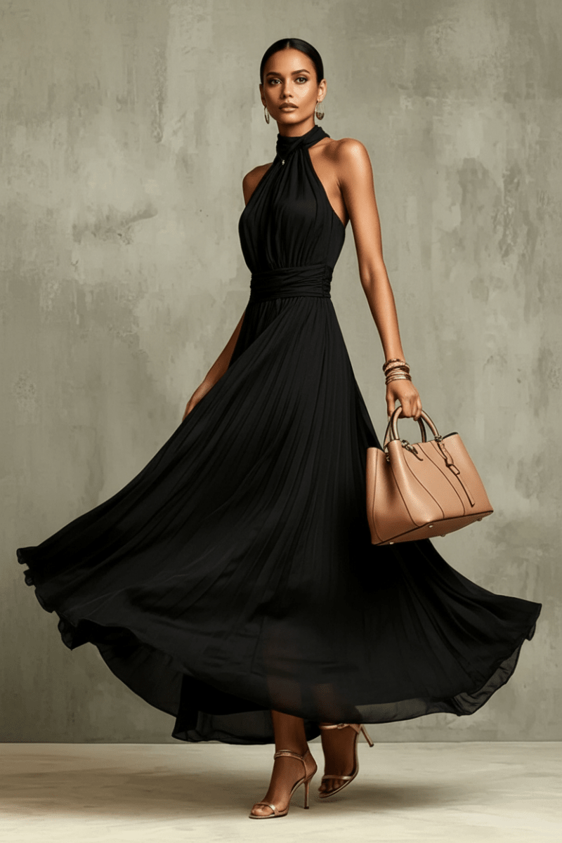 Halter Neck Pleated Maxi Dress – High Waist Chiffon - @BlackWhite