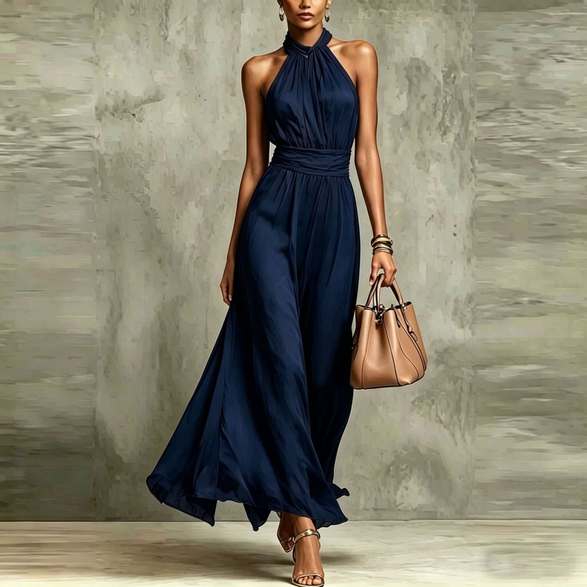 Halter Neck Pleated Maxi Dress – High Waist Chiffon - @BlackWhite