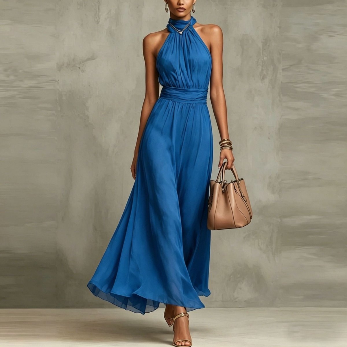 Halter Neck Pleated Maxi Dress – High Waist Chiffon - @BlackWhite