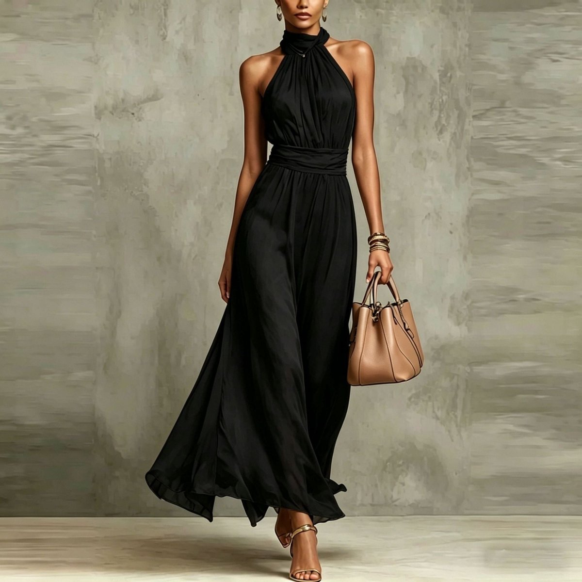 Halter Neck Pleated Maxi Dress – High Waist Chiffon - @BlackWhite