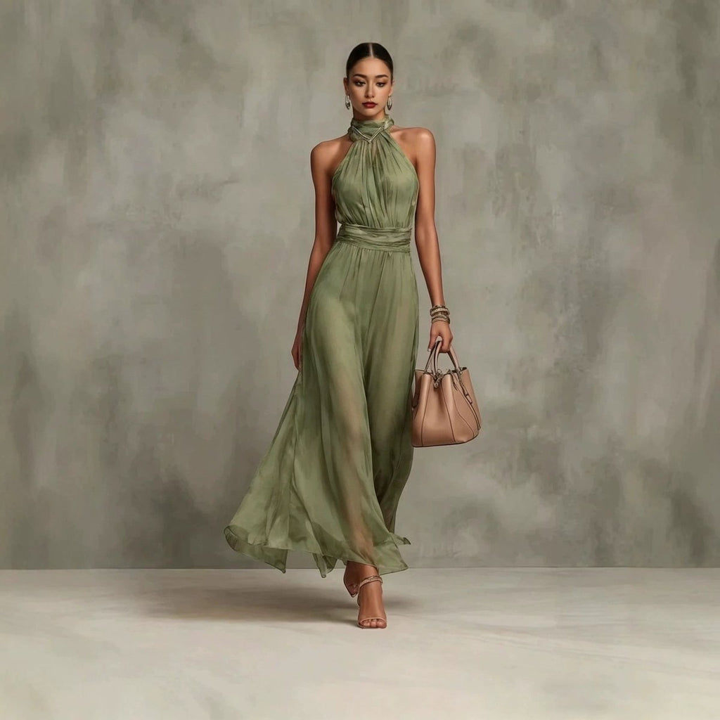 Halter Neck Pleated Maxi Dress – High Waist Chiffon - @BlackWhite
