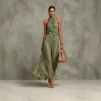 Halter Neck Pleated Maxi Dress – High Waist Chiffon - @BlackWhite