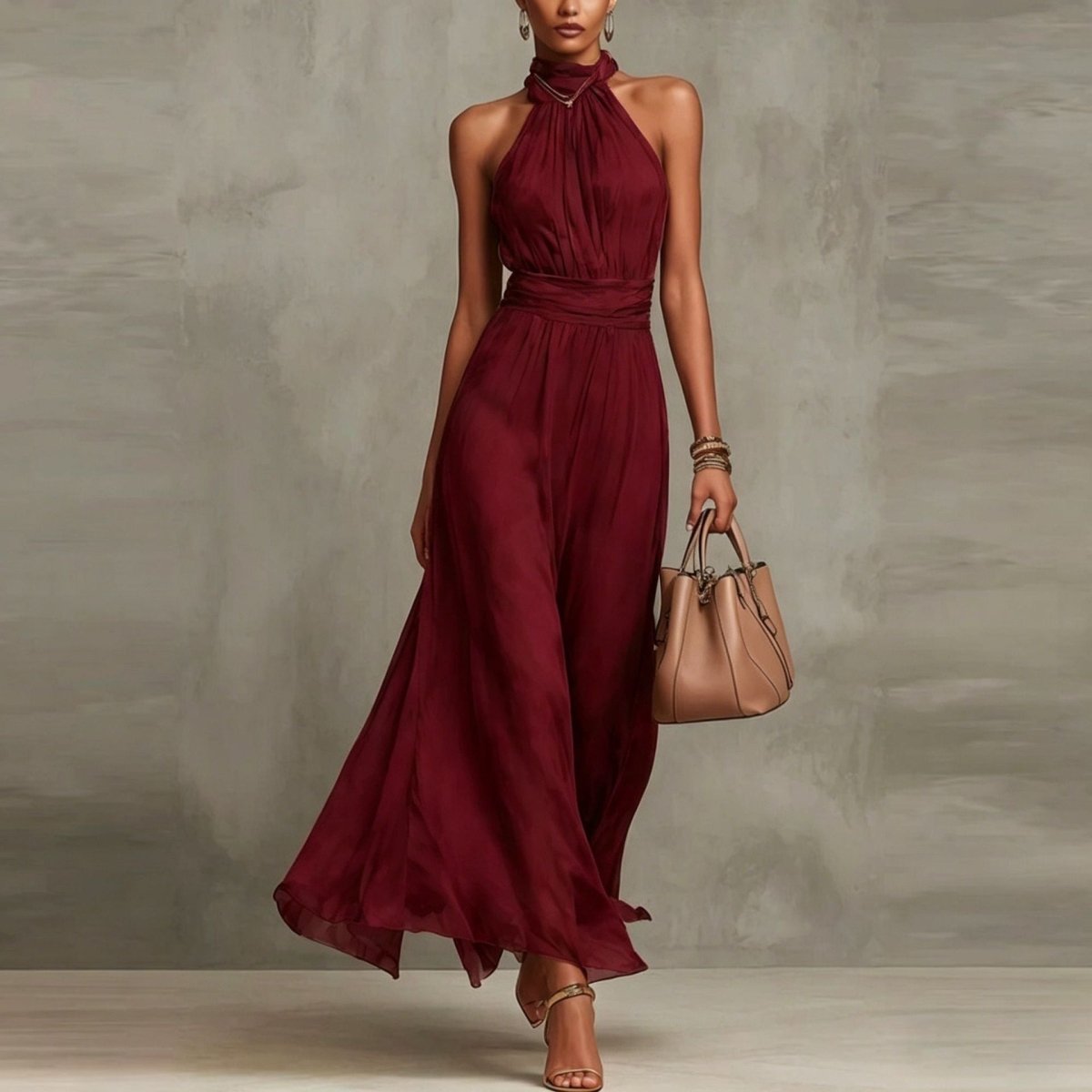 Halter Neck Pleated Maxi Dress – High Waist Chiffon - @BlackWhite