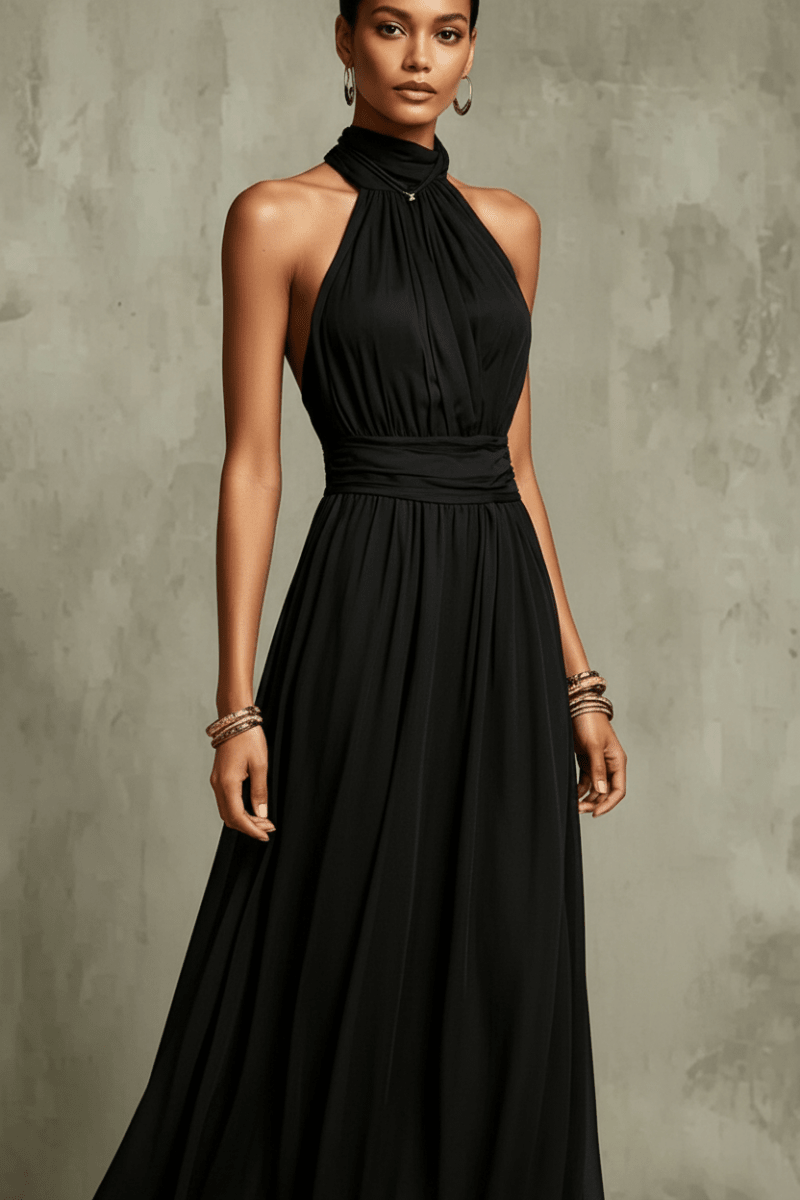 Halter Neck Pleated Maxi Dress – High Waist Chiffon - @BlackWhite