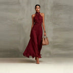 Halter Neck Pleated Maxi Dress – High Waist Chiffon - @BlackWhite