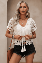 Hollow-Out Crochet Cardigan – Cropped Shawl Top - @BlackWhite