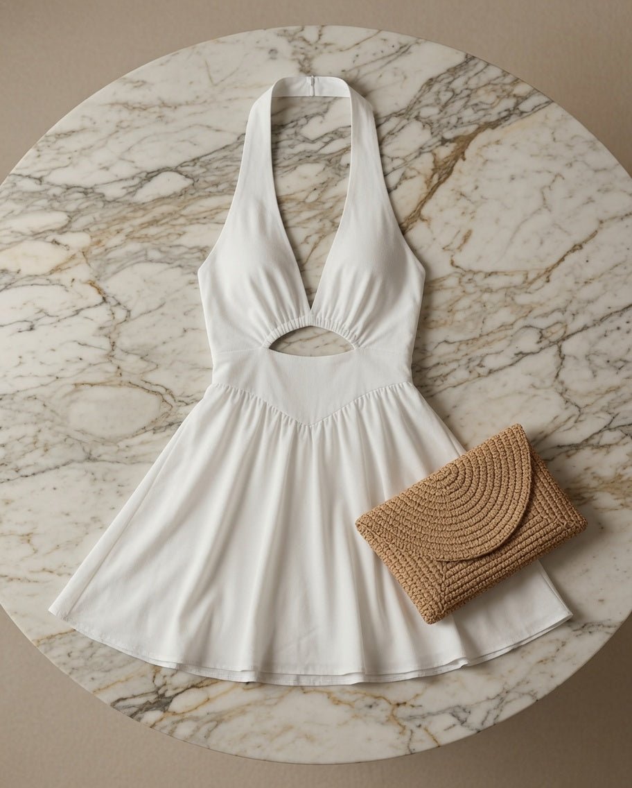 Hollow-Out Halter Mini Dress – Backless Cotton Linen Design - @BlackWhite