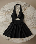 Hollow-Out Halter Mini Dress – Backless Cotton Linen Design - @BlackWhite