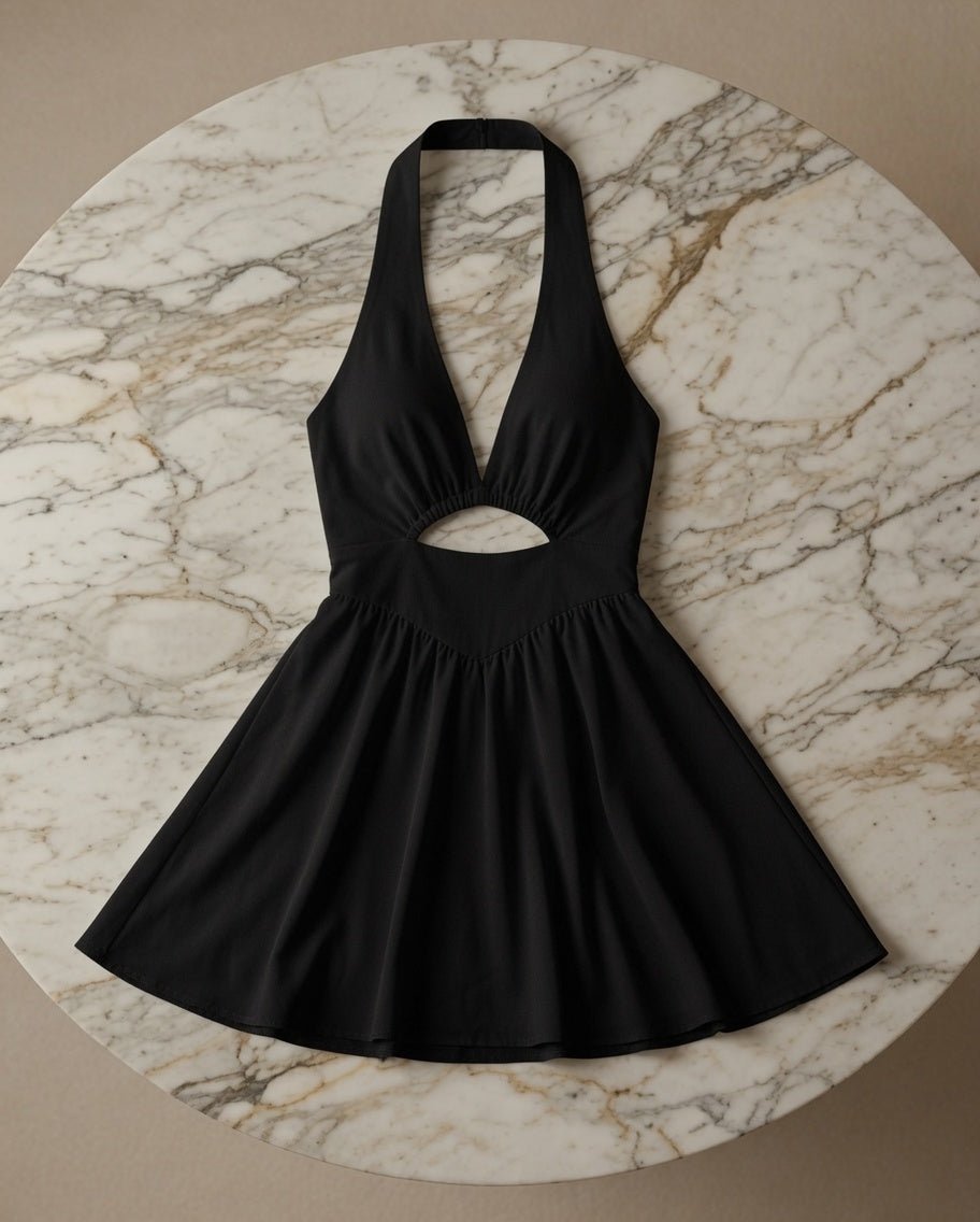 Hollow-Out Halter Mini Dress – Backless Cotton Linen Design - @BlackWhite