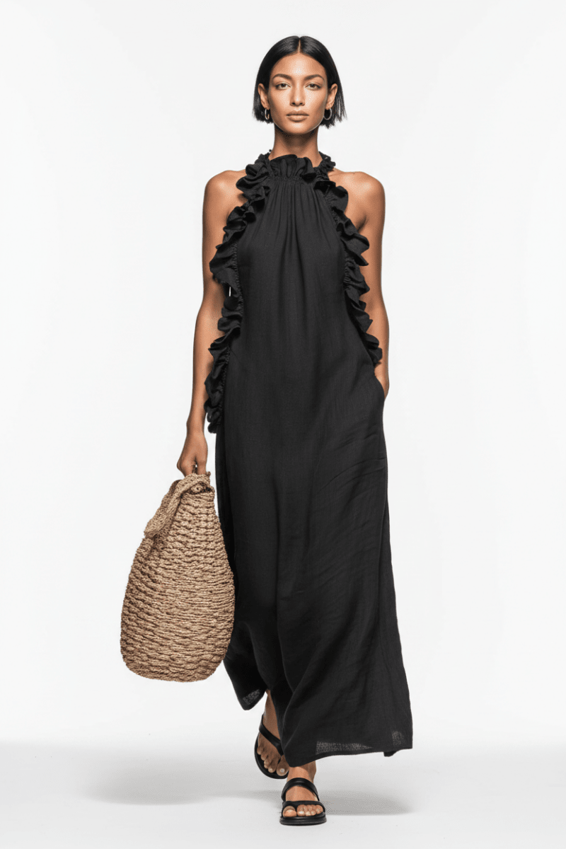 Ice Silk Ruffled Halter Maxi Dress in Black – Resort - @BlackWhite